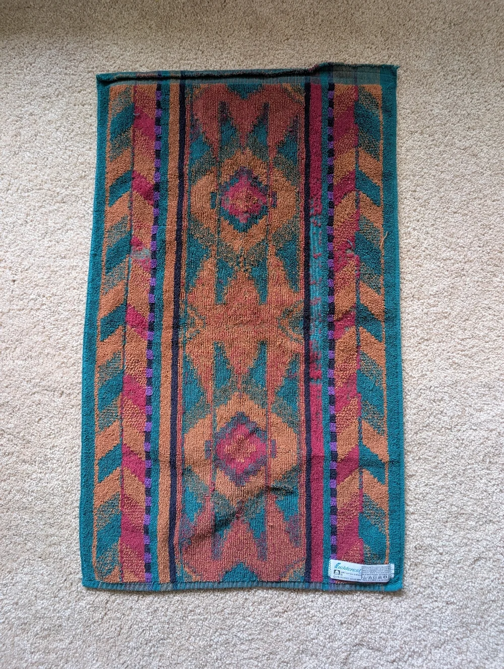 Vintage Fieldcrest Teal Orange Tribal Aztec Print Cotton Hand Towel